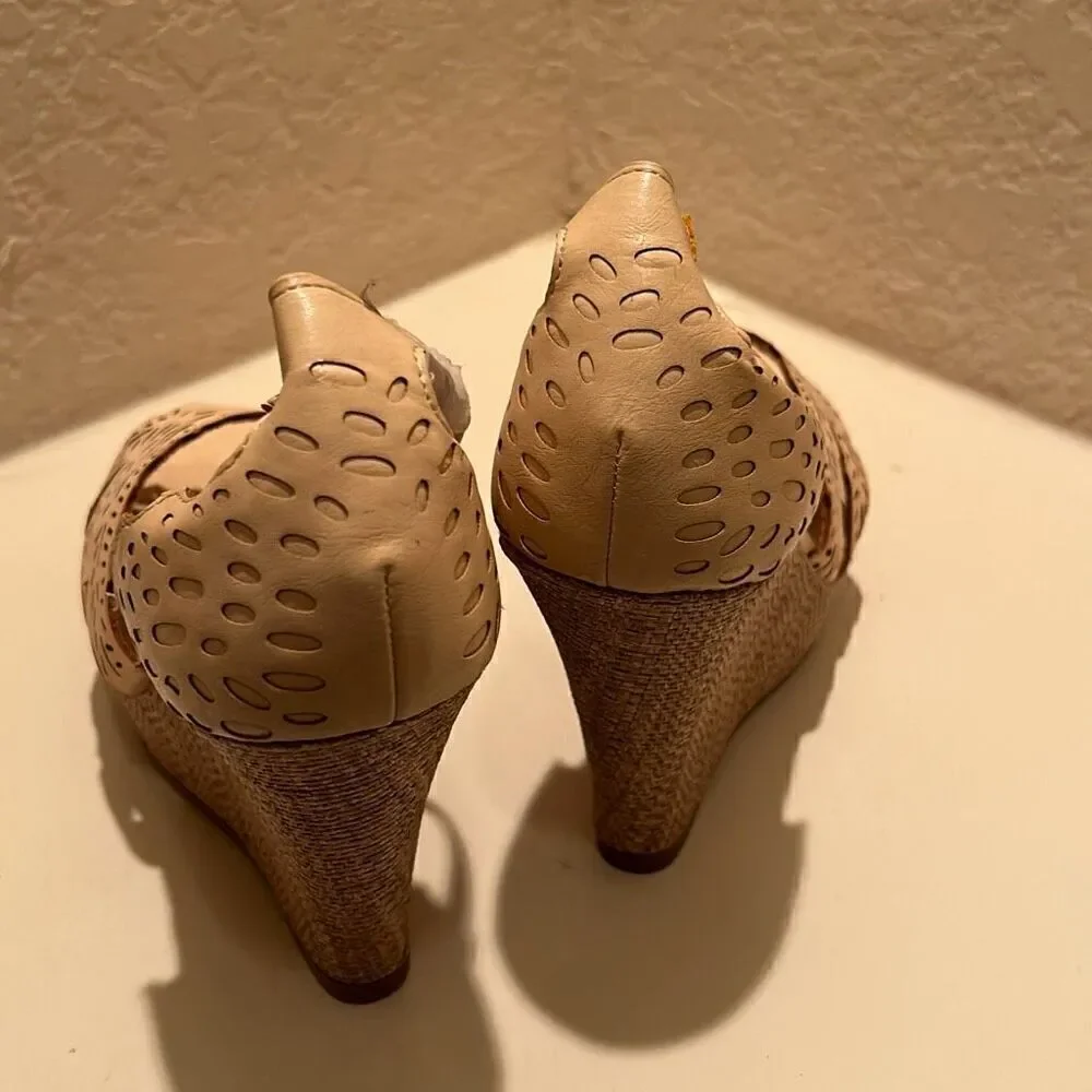 Top Moda Women's 10 Laser Cut Strappy Wedge Heel Beige Tan Neutral Coastal Beach